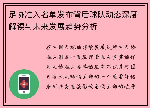 足协准入名单发布背后球队动态深度解读与未来发展趋势分析